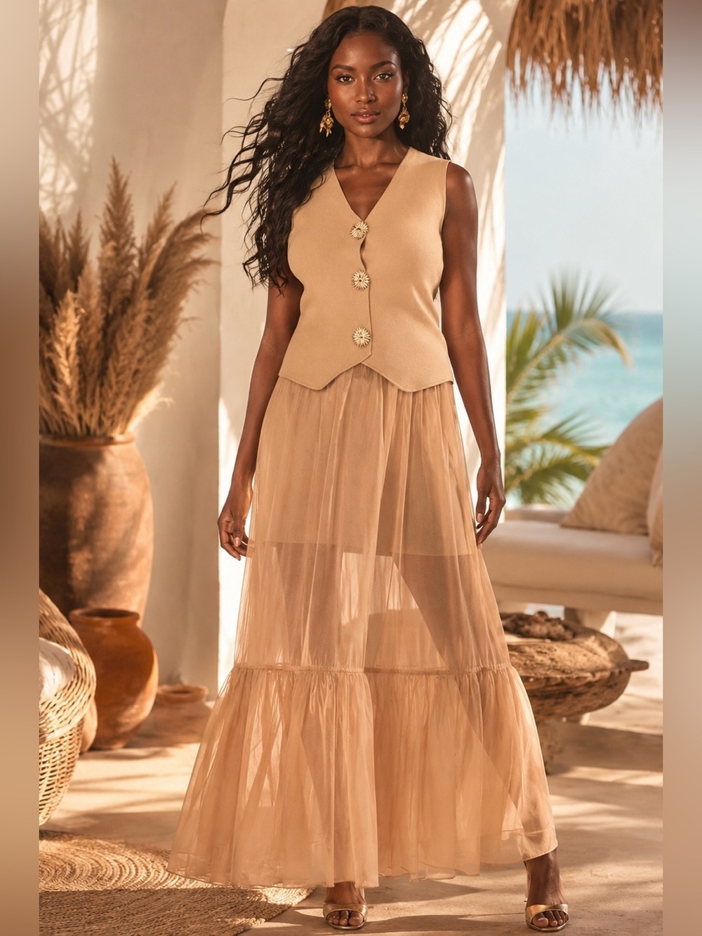 Sleeveless Beige Maxi Tulle Skirt Set